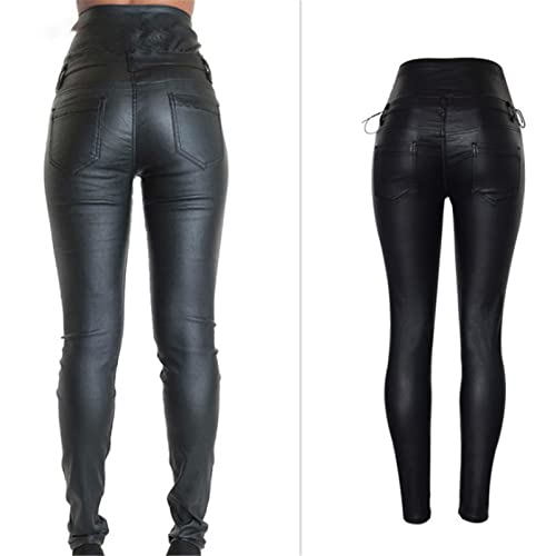 Yuntanu Las mujeres de cintura alta revestido Pu Skinny Jeans Moda Inglaterra Encaje Up Push Up Sexy Pantalones de cuero, Negro, 70 Largo