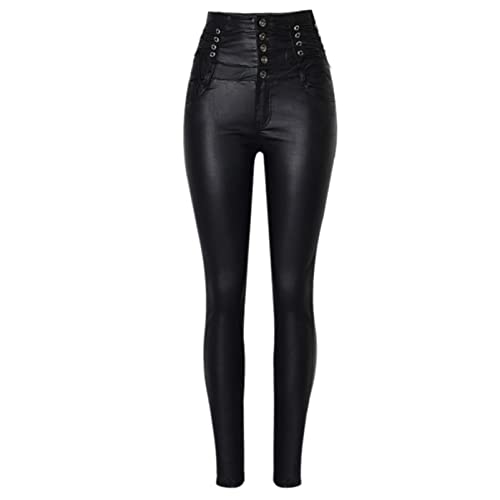 Yuntanu Las mujeres de cintura alta revestido Pu Skinny Jeans Moda Inglaterra Encaje Up Push Up Sexy Pantalones de cuero, Negro, 70 Largo