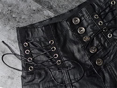 Yuntanu Las mujeres de cintura alta revestido Pu Skinny Jeans Moda Inglaterra Encaje Up Push Up Sexy Pantalones de cuero, Negro, 70 Largo