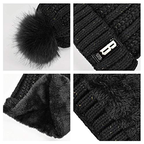 Yuson Girl Conjunto de gorro y bufanda de punto, forro polar de invierno, forro de lana Beanie Hat, calentadores de cuello para mujeres (Negro)
