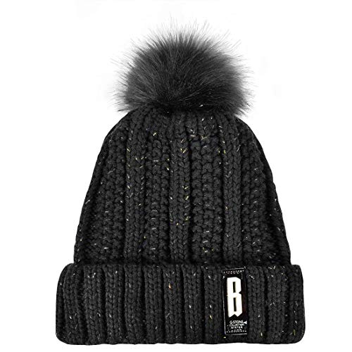Yuson Girl Conjunto de gorro y bufanda de punto, forro polar de invierno, forro de lana Beanie Hat, calentadores de cuello para mujeres (Negro)