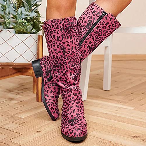 Zapatos de mujer Botas de jinete con estampado de leopardo de tacón grueso Botas con cremallera lateral Zapatos de mujerbotas vaquero talón grueso tacón femeninas tobillo