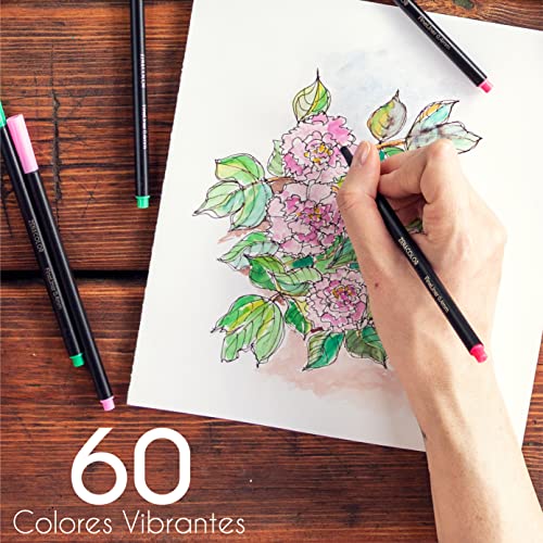 Zenacolor 60 Rotuladores Punta Fina 60 Colores Únicos - Boligrafo Fineliner 0,4 mm Colorear, Dibujar, Manga, Mandalas y Lettering