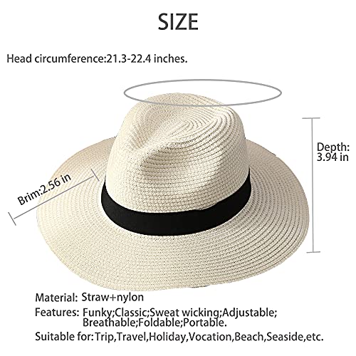 ZffXH Sombrero de paja de playa de verano Panamá Fedora Gorra de ala ancha Floppy plegable UPF al aire libre hombres mujeres, blanco, L