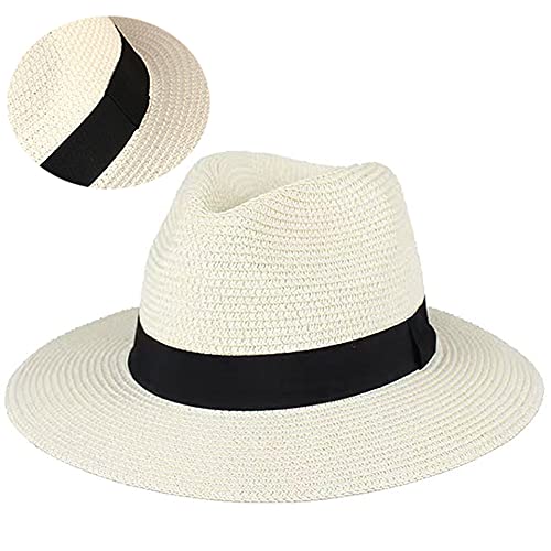 ZffXH Sombrero de paja de playa de verano Panamá Fedora Gorra de ala ancha Floppy plegable UPF al aire libre hombres mujeres, blanco, L
