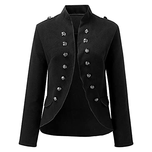 Zldhxyf Elegante chaqueta de traje para mujer con tira de botones, estilo militar, para el tiempo libre, para negocios, oficina, traje., Negro , M