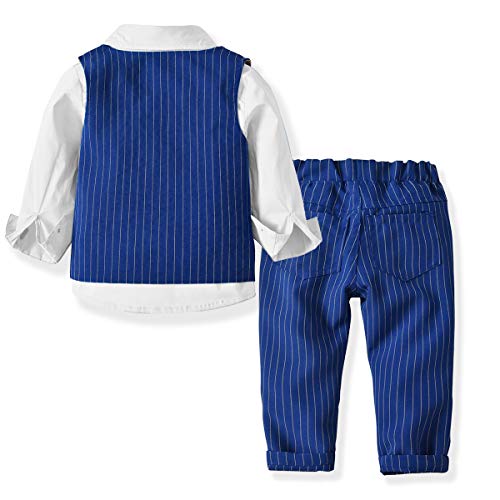 ZOEREA 3 Piezas Trajes de Bebés Niños Chaleco + Camisa con Pajarita + Pantalones Niño Caballeros Bautismo Boda Bautizo Patrón de Rayas Azules Conjuntos de Ropa (Blanco, Etiqueta 90 (Altura 80~90 cm))