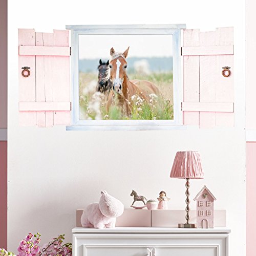 023 pared adhesivo caballo en ventanas con tiendas – En 6 Tamaños – Precioso habitación de los Niños Sticker y pegatinas de pared decorativa pared de niño niña, 1000 x 500 mm