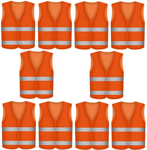 10 Chalecos Reflectantes de Seguridad - Color Naranja - Talla Única - Para Coche, Moto, Trabajo - Visibilidad a 360°