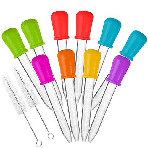 10 piezas Goteros líquidos & 2 cepillos, AIFUDA Aprobado por la FDA Silicona y plastico Pipetas con punta de bombilla para Candy Pegajoso Oso Moldes Fabricante de gelatina - 7 colores