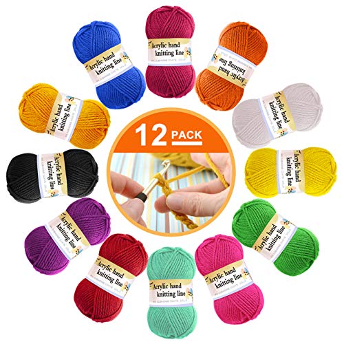 12 paquetes de lana acrílica – lana de ganchillo multicolor para tejer, paquetes de hilados de lana de ganchillo, paquetes de hilo de lana de color en 12 colores brillantes (cada 13 g)