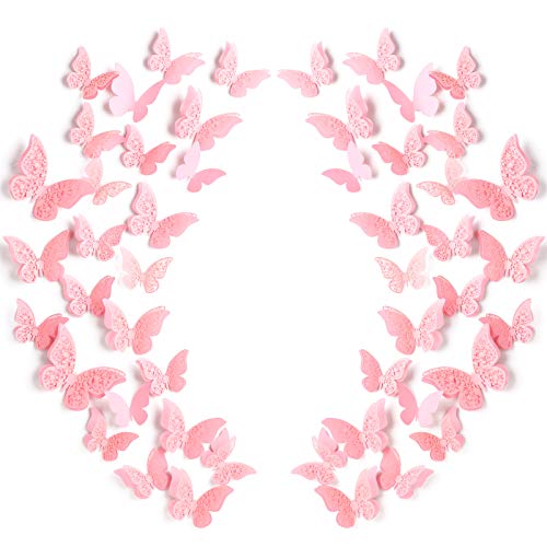 120 Piezas 60 Pares Pegatinas de Mariposa Extraíbles 3D Calcomanías Murales de Mariposas Huecas en Capas Decoración de Arte de Pared Artesanías DIY para Habitación de Bebé Boda, Rosa