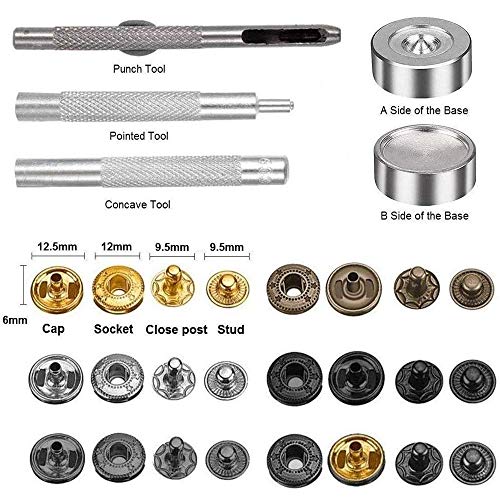 120 Sets Kit de Broches de Cuero, Botones de Presión de Cobr con 4 Herramientas de Fijación, Kit de Cierres a Presión para Chaquetas, Billeteras, Bolsos de Cuero (6 Colores De Metal)