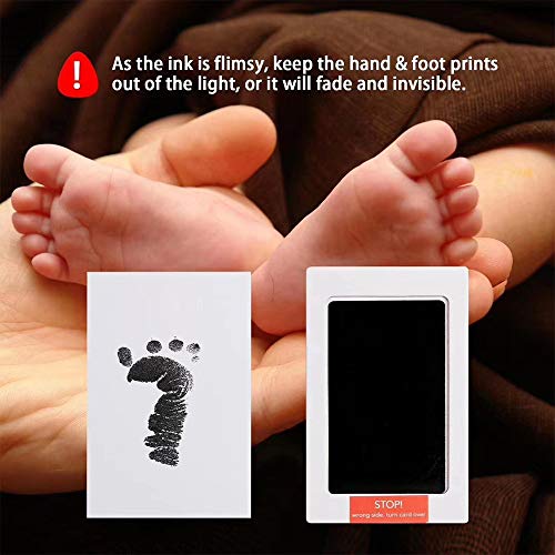 2 Piezas Almohadilla de Tinta para Bebé, Kit de Impresión de Pie o Mano para Bebé, con 4 Tarjetas Impresas, Sello Táctil Limpio, Adecuado para Bebés de 0 a 6 Meses (Negro)