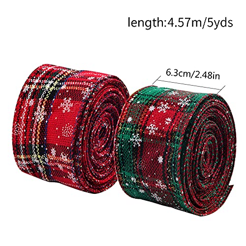 2 rollos 5yd Cinta de Navidad con Borde de Alambre Arpillera a cuadros Cinta Cinta de envoltura navideña Cinta de tartán con borde Cinta de copo de nieve verde rojo Cintas para manualidades 6.3cm