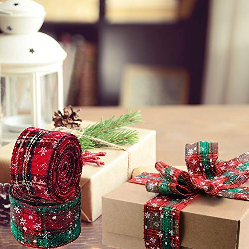 2 rollos 5yd Cinta de Navidad con Borde de Alambre Arpillera a cuadros Cinta Cinta de envoltura navideña Cinta de tartán con borde Cinta de copo de nieve verde rojo Cintas para manualidades 6.3cm