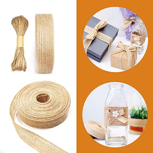 2 rollos de cinta artesanal de yute y 1 paquete de hilo de yute natural, cinta de arpillera rústica natural de 20 m (2 cm) y cuerda de yute de 5 m (3 mm), para embalaje de regalo