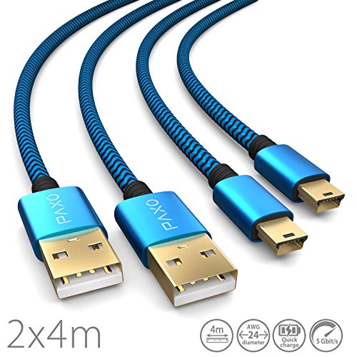 2 x 4m de Cable de Carga para el Controlador PS3, Cable USB a Mini USB Largo, Cable Trenzado (Trenzado), Chapado en Oro, Azul/Negro
