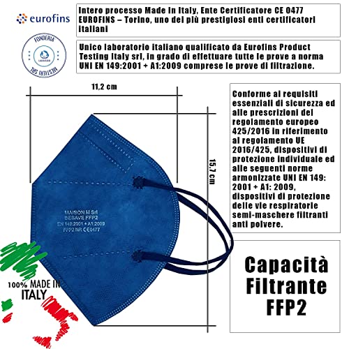 20 Mascarillas FFP2/KN95 Colores Avio Azul Homologadas Certificación CE de 5 Capas, Máscara Protectora, Mascarilla de Protección Personal con Filtros de Calidad BFE≥95, 20 Piezas - Made in Italy