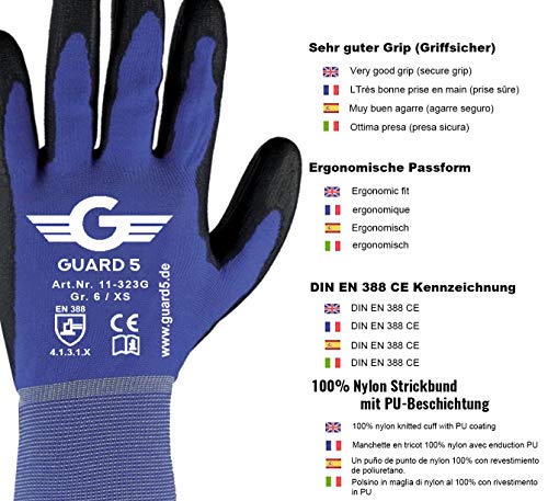 24 pares de guantes de trabajo, GUARD 5, guantes de punto de nailon con revestimiento de poliuretano, excelente agarre y muy buenas características de montaje, según EN388 (9/L)