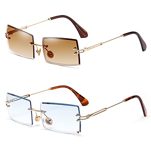 2PCS Gafas de sol de marco ultra pequeño cuadrado para mujeres hombres rectángulo retro ver a través de lentes sin montura gafas de sol