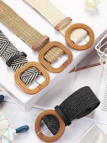 4 Piezas Cinturones de Cintura Elástico de Tejido de Paja Cinturón de Vestir Flaco de Mujer Banda de Vestido de Cintura con Hebilla de Estilo Madera