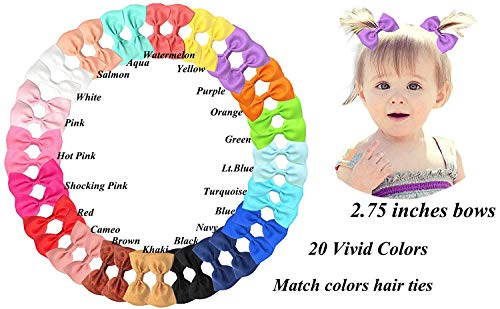 40pcs 2.75 pulgadas Baby Girls Bows Hair Ties Cintas de Goma de Grosgrain Bandas para el Cabello para Niñas Bebés Niños pequeños Niños 20 colores en pares …