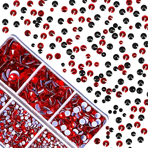 5040 Diamantes de Imitación de Cristal Diamantes de Imitación Hotfix Redondos de 6 Tamaños Mixtos con Pinzas y Bolígrafos para Herramientas de Selección de Diamantes (Rojo, Negro)