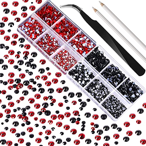 5040 Diamantes de Imitación de Cristal Diamantes de Imitación Hotfix Redondos de 6 Tamaños Mixtos con Pinzas y Bolígrafos para Herramientas de Selección de Diamantes (Rojo, Negro)