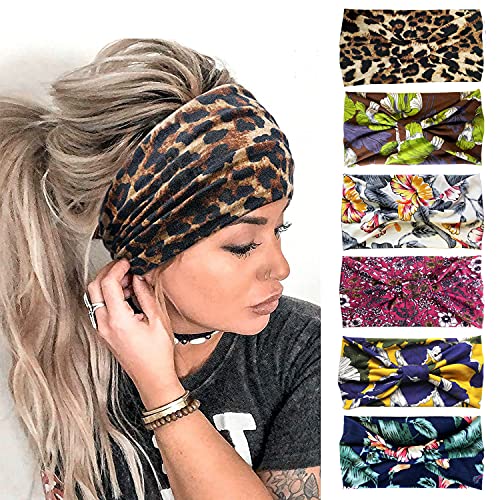 6 piezas Boho Bandeau Diademas de nudo ancho Pañuelo para el cabello con estampado floral Banda para el cabello Accesorios para el cabello de moda para mujeres y niñas