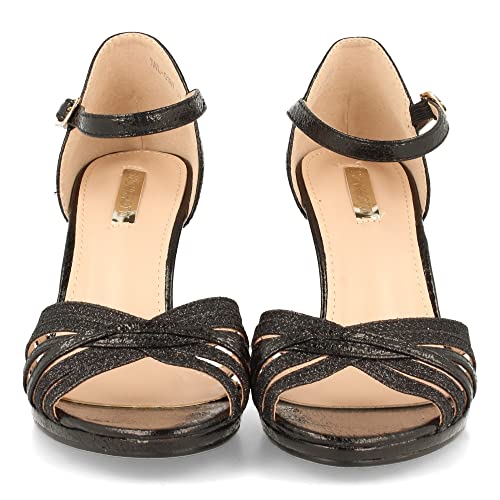 62200-Sandalia de Mujer Ankle Strap con Tacon, Tiras Finas en Pala y Pulsera con Hebilla, Ideal para Noche o Fiesta, Otono Invierno 2021. Talla 39 Negro