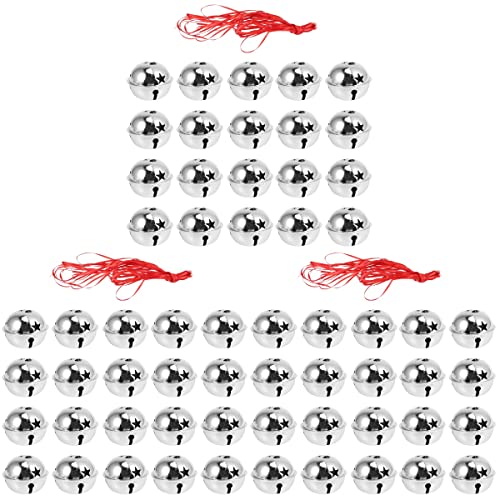63 campanas de Navidad con estrella de cinco puntos, mini campanas creativas brillantes para sonajero hechas a mano, pequeñas campanas de Navidad (20 campanas de plata de 4 cm + cinta de 10 m