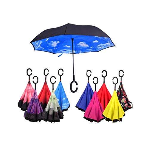 A Prueba de Viento, reflexed Paraguas de Doble Capa invertidas, Dentro autónomo y Fuera a Prueba de Lluvia C-Gancho Jinete Paraguas portátiles con Mango ergonómico (Color : Blue Sky)