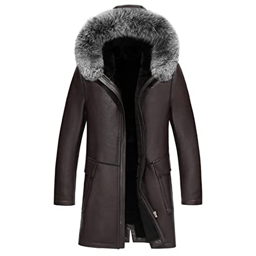 Abrigo largo real de la zalea de los hombres con la piel con capucha, chaquetas de cuero genuino del invierno, Vino Oscuro Rojo, XL