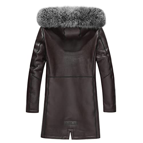 Abrigo largo real de la zalea de los hombres con la piel con capucha, chaquetas de cuero genuino del invierno, Vino Oscuro Rojo, XL