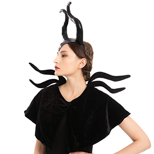 Accesorios Set Disfraz de Maléfica Reina Mala, Diadema de Cuernos Maléficos y Chal Disfraz Gótico para Halloween Cosplay