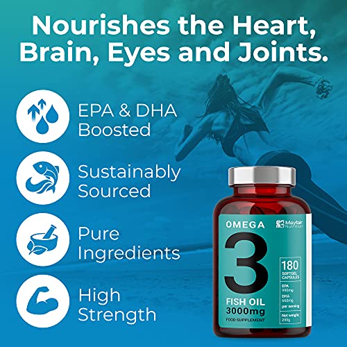 Aceite de pescado Omega 3 - 180 cápsulas de alta resistencia - 990mg EPA y 660mg de DHA por porción diaria - Suministro de 2 meses