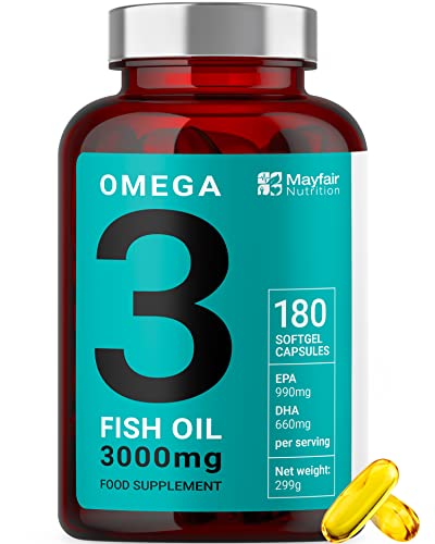 Aceite de pescado Omega 3 - 180 cápsulas de alta resistencia - 990mg EPA y 660mg de DHA por porción diaria - Suministro de 2 meses