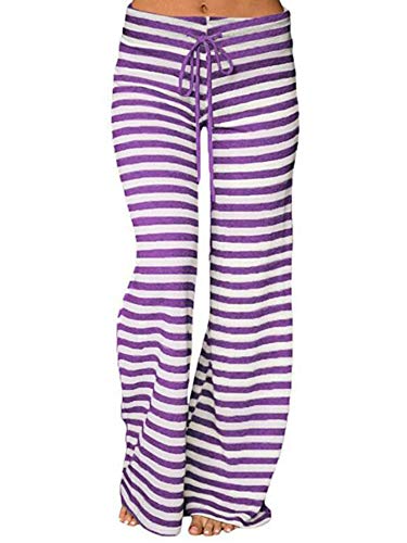 Achinel Pantalones de pijama para mujer con estampado floral suave y largo con pierna ancha y pantalones de yoga para mujer, Rayas moradas., XXL