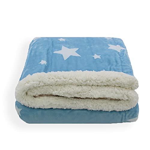 Acomoda Textil - Manta para Bebé, Manta Cuna 100x140 cm. Manta Bebé Estrellas con Borreguito, Suave, Cálida y Ligera. (Azul)