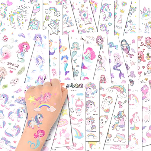 ACWOO Tatuajes Temporales, 30 Hojas Unicornio y Sirena Dibujos Animados Falso Pegatinas de Tatuaje, 350+ Diseños Tatuajes Temporales Impermeables para Niñas Niños Regalos de Fiesta Cumpleaños