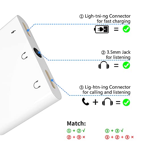 Adaptador de Lig-htn-ing a 3.5 mm Jack para Phone 12, Arkidyn 3 en 1 con Doble Conector para Auriculares y Puerto de Carga, Compatible con 12/11 / X / 8/7, Pad / Pod, Compatible con iOS 9.2 and on
