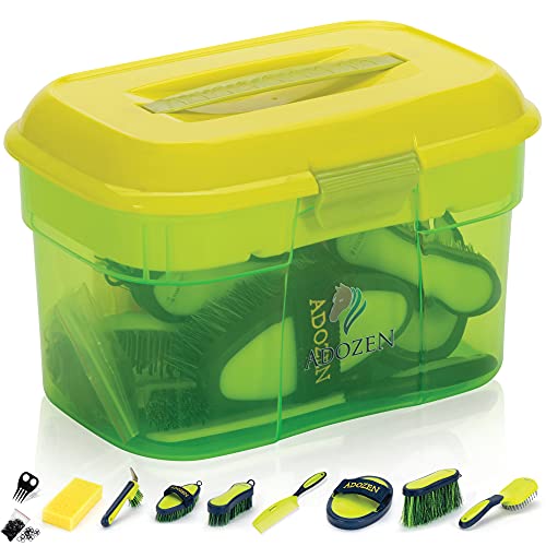 Adozen Caja de limpieza para caballos con contenido, 10 piezas rellenas, asas antideslizantes suaves al tacto, color verde, amarillo y verde