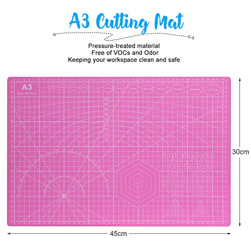 AGPtek Conjunto de Corte Rotativo, Cuchilla Rotativa de 45mm con Material Auxiliar: Tablero para Corte A3, Mosaico con Reglas, 10 Pinzas para Tela, 50 Agujas y 3 Hojas de Repuesto, Color Rosa