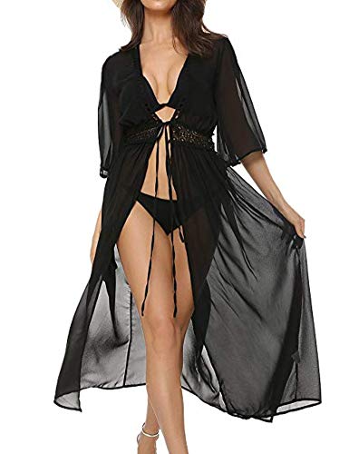 AGQT Vestido de playa para mujer, para verano, kimono, encaje, maxi boho, cárdigan sexy, de gasa, para la playa, poncho Negro M