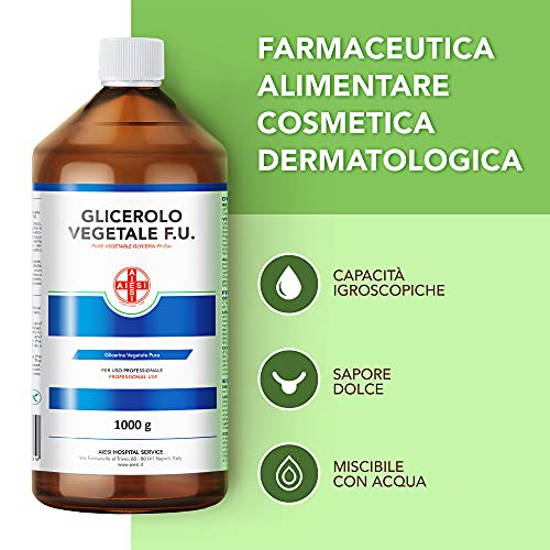 AIESI® Glicerina Vegetal Ph.Eur. pura grado FARMACÉUTICO botella de 1 kg # Glicerol puro líquido # Made in Italy