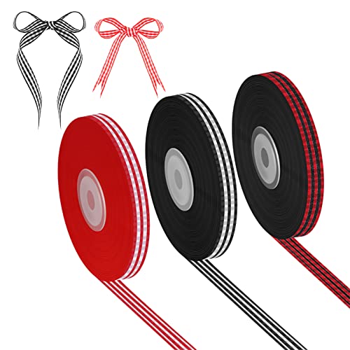 AIEX 3 Rollos 22,9m Cintas de Cuadros Navideños, Estrecho Cinta de Cuadros de Búfalo Cinta Envolver Guinga Navidad para Coronas Manualidades Moño Festival Decoración Hogar (Mezcla Rojo Negro Blanco)