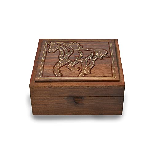 Ajuny Joyero de madera tallada a mano para el organizador del almacenamiento de las mujeres con los regalos del diseño del caballo