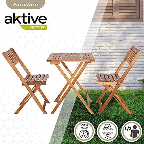 Aktive 61000 - Conjunto mesa y sillas jardín, conjunto terraza mesa y sillas plegables, Madera acacia, 1 mesa, 2 sillas, mesa madera plegable, sillas madera plegables
