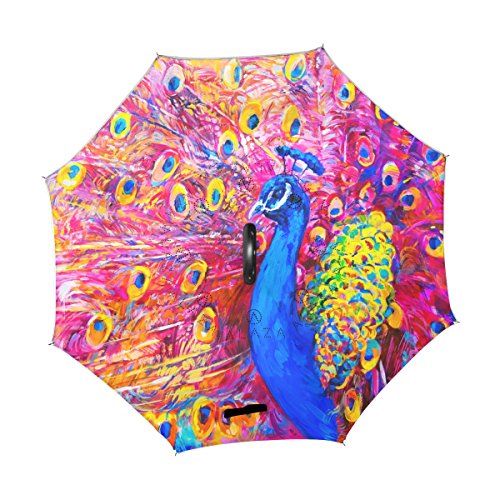 ALAZA Doble Capa de Pintura invertido Paraguas Coches inversa Paraguas a Prueba de Viento del Pavo Real Prueba de Aceite UV Viaje Paraguas al Aire Libre
